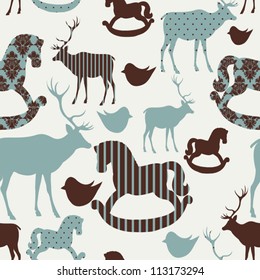Pattern with deers and rocking horses Seamless christmas background