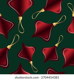 Patrón con bolas de Navidad deformadas con un hermoso gradiente rojo con una cola dorada sobre un fondo verde, para la impresión de vacaciones, aplicaciones o textiles