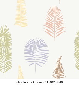 Pattern Delicate beige and green tropical plants and flowers in pots. Vector color 
