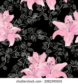 Muster von zarten Blüten von Lilien und Kletterzweigen von Pflanzen