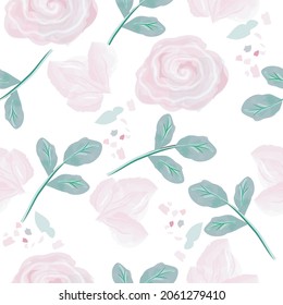 Pattern with delicate pink roses and petals in a watercolor style