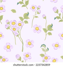 Un patrón de delicadas flores violetas con inflorescencias amarillas y tallos verdes sobre un fondo púrpura pastel. Flor de resorte abstracta para el envolvimiento de tela de papel, web y diseño de superficie de impresión.