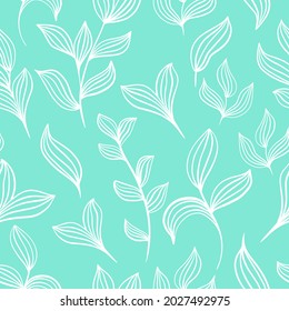 Pattern of delicate white leaves on a mint background vector illustration. Seamless deciduous background. Template with plants for wallpaper, packaging, fabric. 