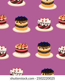 Pattern of delicious cakes on purple background.