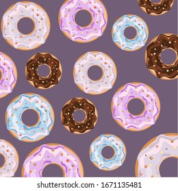 a pattern of delicious colored doughnuts with frosting