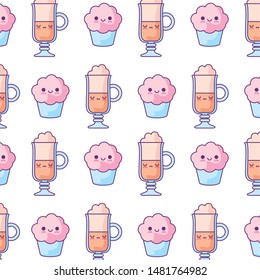pattern of delicious cupcakes with drink coffee kawaii style