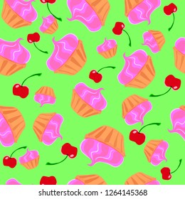 pattern of delicious cupcakes with pink cream and red cherries on green light background