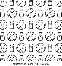 pattern of delicious donuts with bottles drink kawaii style