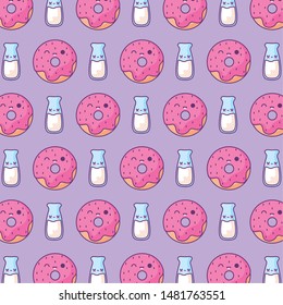 pattern of delicious donuts with bottles milk kawaii style