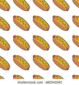 Pattern with delicious hotdog with sauce and salat  for poster, menus, brochure, web fast food business. Cartoon style  on white background   