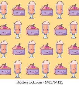 pattern of delicious sliced cakes with cups drink kawaii style