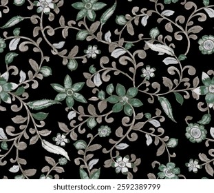 The pattern is dense but not chaotic, with elements arranged in a symmetrical and balanced fashion The consistent repetition of the motif creates a seamless and visually appealing design.