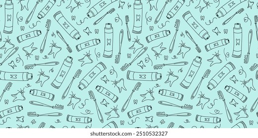 Pattern, dental icons. Toothbrush, toothpaste, teeth. Cleaning and dental care. Healthy clean tooth. Drawings, Doodle. Seamless background.