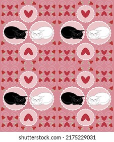 A pattern depicting a black cat and a white kitten sitting on pillows among strawberries and hearts