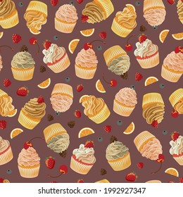 pattern depicting cupcakes with orange, raspberry, strawberry, cherry, blueberry and blackberry on a brown background. 