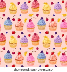 pattern depicting cupcakes with orange, raspberry, strawberry, cherry, blueberry and blackberry on a pink background. 