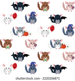 Pattern depicting different types of chinchillas with Halloween items