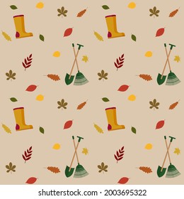 Pattern depicting fall foliage, rubber boots and garden tools