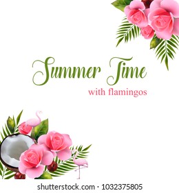 A pattern depicting halves of coconuts, cherries and flamingos. With text on a white background for your creation.