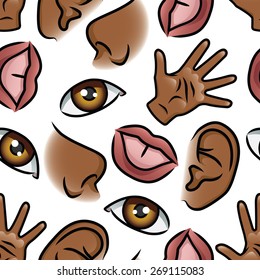 Pattern depicting illustrations of the five senses. Seamlessly Repeatable. Eps 10 Vector.