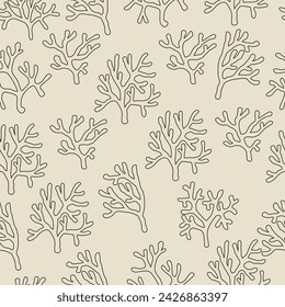 Pattern depicting the lineart outlines of corals. Beautiful underwater flora. Hand-drawn seaweed. Pattern in boho style. Illustration for the web, textiles, scrapbooking, and much more.