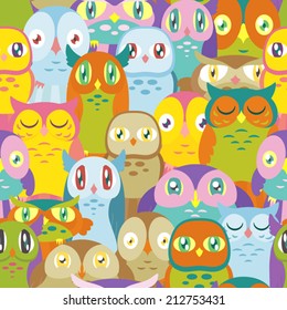 A pattern depicting many colorful owls of different shapes and sizes. Seamlessly Repeatable. Eps 10 Vector.