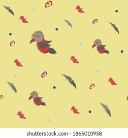 Pattern depicting a toucan, its silhouette, flowers and plant leaves on a champagne-colored background.  Vector graphics.