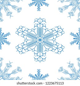 Pattern depicting traditional, festive, blue snowflakes on a white background.
