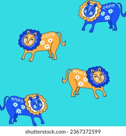 A pattern depicting yellow and blue animals resembling lions on a turquoise background. Background for children's wallpaper and fabric with fantastic animals.