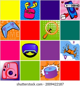 The pattern depicts modern technologies for lifestyle and hobbies. Color illustration, vector image.