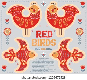 Pattern with a description for sewing soft toys - red decorative birds. Scandinavian style. Home decor. Homemade Christmas toy.