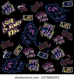 Pattern design with Aztec and Native American texts and elements, with fun phrases and in neon colors.