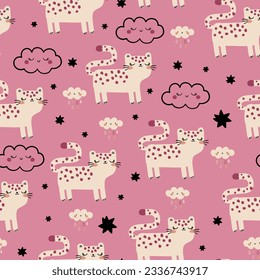 pattern design for baby fashion with cute cat, rainbow and cloud drawing as vector