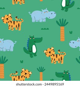 pattern design for baby fashion with cute tiger, alligator and hippo drawing as vector