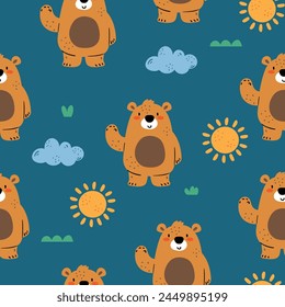 pattern design for baby fashion with cute camper bear drawing as vector