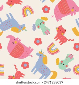 pattern design for baby fashion with cute unicorn, elephant, cat, puppy, cloud, flower and rainbow drawing as vector