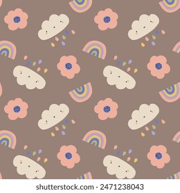 pattern design for baby fashion with cute cloud, flower and rainbow drawing as vector