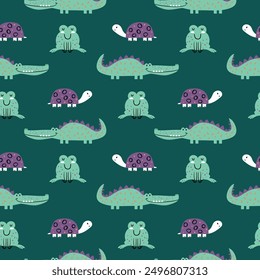 pattern design for baby fashion with cute alligator, turtle and frog cartoon drawing as vector