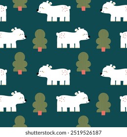 pattern design for baby fashion with cute baby bear and tree drawing as vector