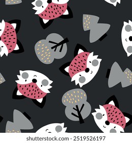 pattern design for baby fashion with cute fox head and tree drawing as vector