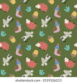 pattern design for baby fashion with cute worm, hedgehog and mouse drawing as vector