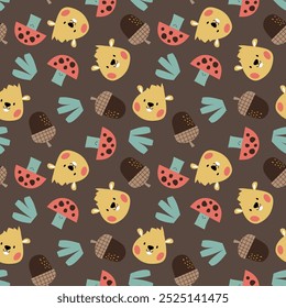 pattern design for baby fashion with cute squirrel head, nut and mushroom drawing as vector