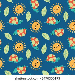 pattern design for baby fashion as vector with cute sun, turtle and leaf drawing