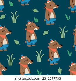 pattern design for baby kids fashion as vector with cute camper bear drawing