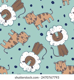 pattern design for baby textile with cool tiger and lion drawing as vector