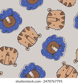 pattern design for baby textile with cool tiger and lion head drawing as vector