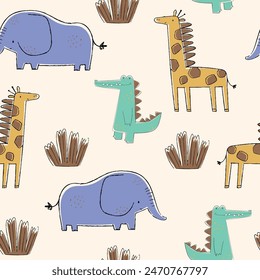 pattern design for baby textile with cool elephant, alligator, giraffe drawing as vector