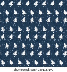Pattern design background. Winter snowy tree pattern with snow particle in blue background color