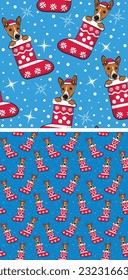 Pattern design with Basenji dogs in stockings, seamless pattern. Repeatable textile, wrapping paper, blue background graphic design. Christmas winter wallpaper with snowflakes, dog in a hat. Postcard.