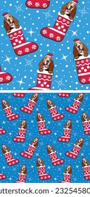 Pattern design with basset hound dogs in stockings, seamless pattern. Repeatable textile, wrapping paper, blue background graphic design. Christmas winter wallpaper with snowflakes, dog in a hat.